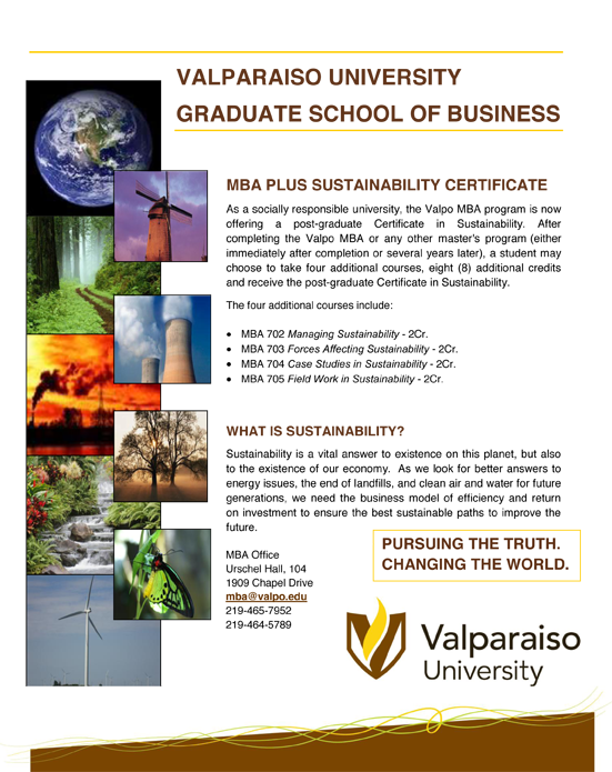 Valparaiso University MBA Plus Sustainability Certificate advertisement